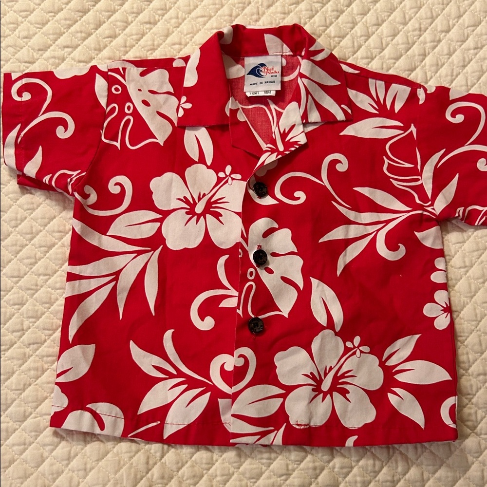 Kids Red & White Hawaiian Floral Button-Up Shirt. Made in Hawaii
